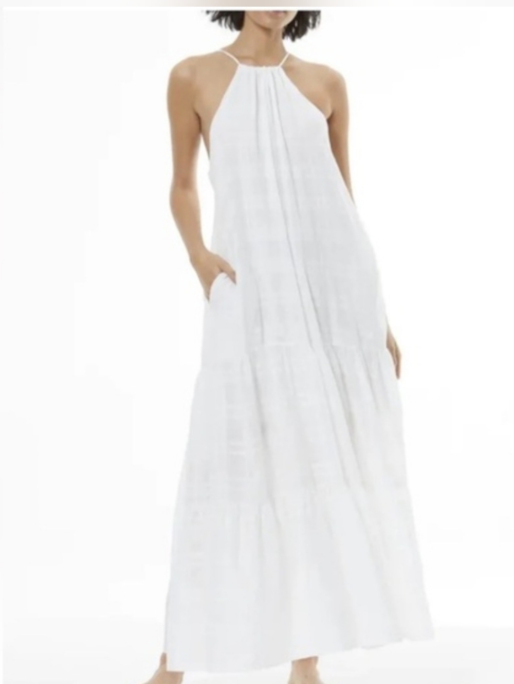 YFB Young Fabulous & Broke White Cotton Gauze Tiered Halter Maxi Dress - L